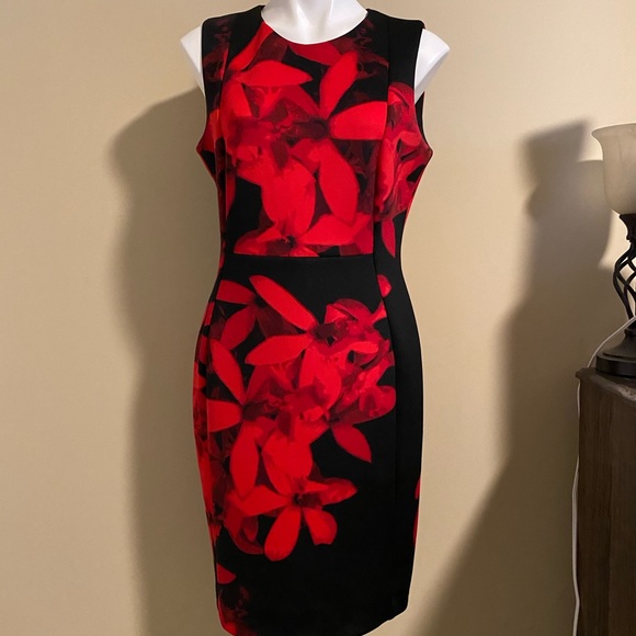 calvin klein red and black floral dress